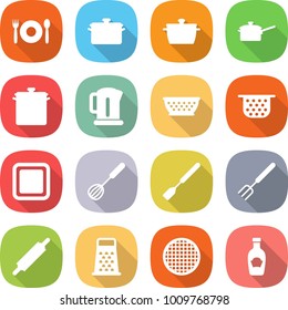 flat vector icon set - cafe vector, pan, saute, kettle, colander, cutting board, whisk, spatula, big fork, rolling pin, grater, sieve, ketchup