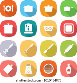 flat vector icon set - cafe vector, pan, saute, kettle, colander, cutting board, whisk, spatula, rolling pin, grater, sieve, ketchup
