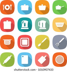 flat vector icon set - cafe vector, pan, saute, kettle, colander, cutting board, spatula, big fork, rolling pin, sieve