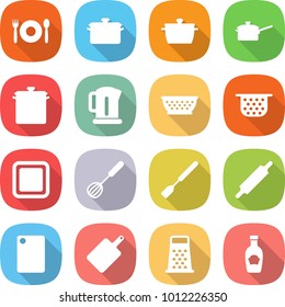 flat vector icon set - cafe vector, pan, saute, kettle, colander, cutting board, whisk, spatula, rolling pin, grater, ketchup