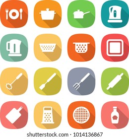 flat vector icon set - cafe vector, pan, saute, kettle, colander, cutting board, whisk, spatula, big fork, rolling pin, grater, sieve, ketchup