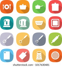 flat vector icon set - cafe vector, pan, saute, kettle, colander, cutting board, whisk, big fork, rolling pin, grater, sieve