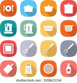 flat vector icon set - cafe vector, pan, kettle, colander, cutting board, whisk, big fork, grater, sieve, ketchup