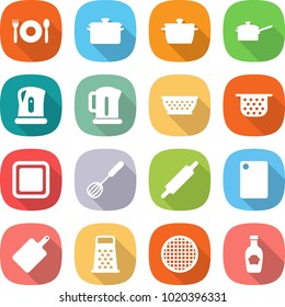flat vector icon set - cafe vector, pan, saute, kettle, colander, cutting board, whisk, rolling pin, grater, sieve, ketchup