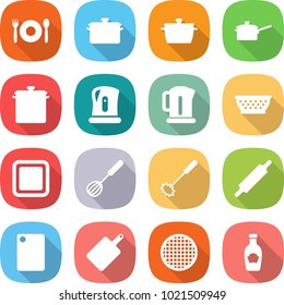 flat vector icon set - cafe vector, pan, saute, kettle, colander, cutting board, whisk, rolling pin, sieve, ketchup
