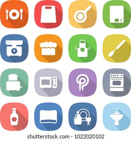 flat vector icon set - cafe vector, cutting board, pan, kitchen scales, chief hat, apron, spatula, toaster, microwave oven, elecric, ketchup, sponge, dish cleanser, water tap sink
