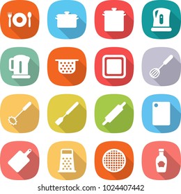 flat vector icon set - cafe vector, pan, kettle, colander, cutting board, whisk, spatula, rolling pin, grater, sieve, ketchup
