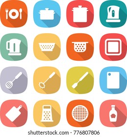 flat vector icon set - cafe vector, pan, kettle, colander, cutting board, whisk, spatula, grater, sieve, ketchup