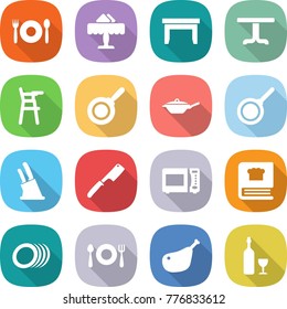 flat vector icon set - cafe vector, restaurant, table, Chair for babies, pan, knife holder, chef, microwave oven, cooking book, plates, fork spoon plate, chicken leg, wine