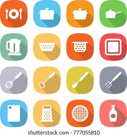 flat vector icon set - cafe vector, pan, saute, kettle, colander, cutting board, whisk, spatula, big fork, grater, sieve, ketchup
