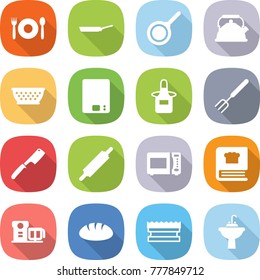 flat vector icon set - cafe vector, pan, kettle, colander, kitchen scales, apron, big fork, chef knife, rolling pin, microwave oven, cooking book, food processor, bread, sponge, water tap sink