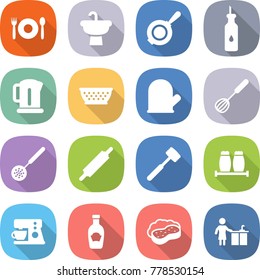 flat vector icon set - cafe vector, sink, pan, vegetable oil, kettle, colander, cook glove, whisk, skimmer, rolling pin, meat hammer, salt pepper, coffee maker, ketchup, sponge with foam