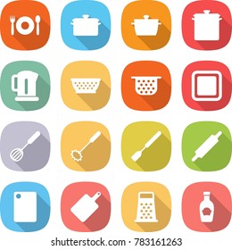 flat vector icon set - cafe vector, pan, kettle, colander, cutting board, whisk, spatula, rolling pin, grater, ketchup