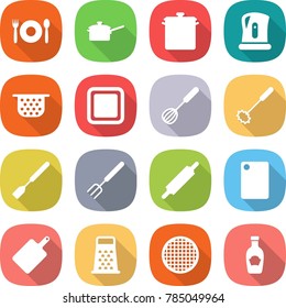 flat vector icon set - cafe vector, saute pan, kettle, colander, cutting board, whisk, spatula, big fork, rolling pin, grater, sieve, ketchup
