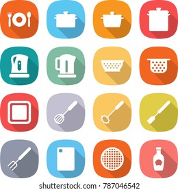 flat vector icon set - cafe vector, pan, kettle, colander, cutting board, whisk, spatula, big fork, sieve, ketchup