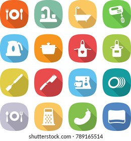flat vector icon set - cafe vector, water tap, bath, mixer, kettle, pan, apron, spatula, chef knife, coffee maker, plates, fork spoon plate, grater, eggplant, sponge