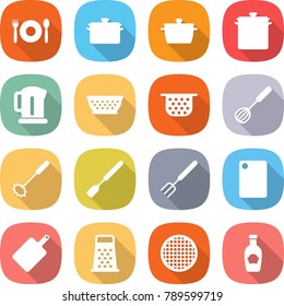 flat vector icon set - cafe vector, pan, kettle, colander, whisk, spatula, big fork, cutting board, grater, sieve, ketchup