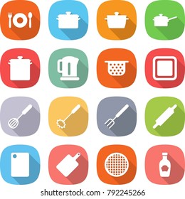 flat vector icon set - cafe vector, pan, saute, kettle, colander, cutting board, whisk, big fork, rolling pin, sieve, ketchup