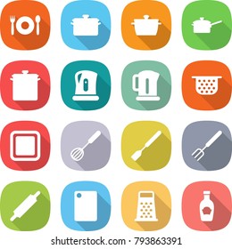 flat vector icon set - cafe vector, pan, saute, kettle, colander, cutting board, whisk, spatula, big fork, rolling pin, grater, ketchup