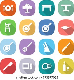 flat vector icon set - cafe vector, restaurant, table, Chair for babies, pan, skimmer, knife holder, chef, microwave oven, plates, wine