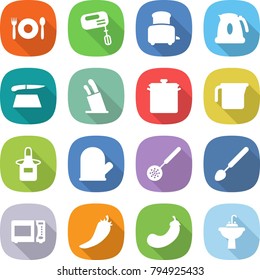flat vector icon set - cafe vector, mixer, toaster, kettle, cutting board, stands for knives, pan, measuring cup, apron, cook glove, skimmer, big spoon, microwave oven, hot pepper, eggplant