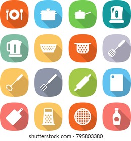 flat vector icon set - cafe vector, pan, saute, kettle, colander, whisk, big fork, rolling pin, cutting board, grater, sieve, ketchup