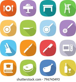 flat vector icon set - cafe vector, restaurant, table, Chair for babies, pan, skimmer, knife holder, chef, microwave oven, cooking book, steake, chicken leg, wine