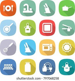 flat vector icon set - cafe vector, water tap, stands for knives, saute pan, apron, cutting board, garlic clasp, whisk, knife holder, grill oven, induction, spices, bank, dish cleanser