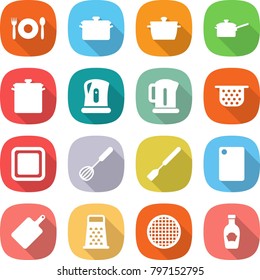 flat vector icon set - cafe vector, pan, saute, kettle, colander, cutting board, whisk, spatula, grater, sieve, ketchup