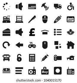 Flat vector icon set - cake vector, pen, school bus, abacus, pound, calendar, dry cargo, radio, satellitie, speaker, gamepad, remote control, rec button, disabled, syringe, menu, home, arrow, redo