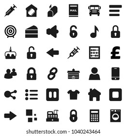 Flat vector icon set - cake vector, university, calculator, school bus, abacus, music, target, pound, speaker, mobile phone, social media, group, pause button, stop, syringe, menu, home, arrow, lock
