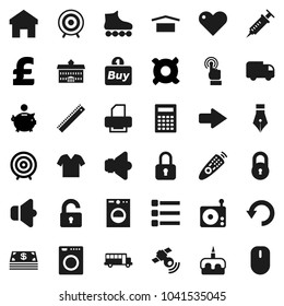 Flat vector icon set - cake vector, pen, university, ruler, calculator, school bus, piggy bank, target, any currency, pound, roller Skates, dry cargo, radio, satellitie, speaker, remote control, buy