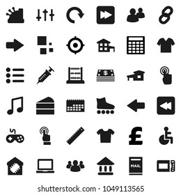 Flat vector icon set - cake vector, ruler, notebook pc, abacus, music, university, calculator, target, pound, roller Skates, calendar, gamepad, settings, touchscreen, group, forward button, backward