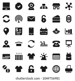 Flat vector icon set - cake vector, backpack, presentation, graph, hierarchy, t shirt, calendar, stadium, map pin, phone, receipt, dry cargo, protected, antenna, mobile, notebook pc, social media