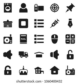 Flat vector icon set - cake vector, pen, university, target, dry cargo, radio, speaker, thumbtack, stop button, syringe, menu, user, cottage, mailbox, unlock, home, calculator, delivery, washer