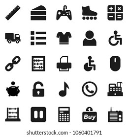 Flat vector icon set - cake vector, ruler, calculator, abacus, music, piggy bank, t shirt, roller Skates, pause button, disabled, chain, user, unlock, phone, buy, cashbox, delivery, menu, printer