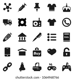 Flat vector icon set - cake vector, pen, bell, university, any currency, t shirt, dry cargo, radio, gamepad, remote control, mobile phone, social media, heart, thumbtack, syringe, chain, mailbox