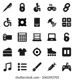 Flat vector icon set - cake vector, pen, notebook pc, abacus, music, calculator, target, any currency, roller Skates, satellitie, gamepad, mobile phone, pause button, disabled, syringe, chain, lock