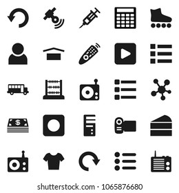 Flat vector icon set - cake vector, school bus, abacus, calculator, t shirt, roller Skates, dry cargo, radio, satellitie, remote control, social media, play button, rec, syringe, menu, redo, undo
