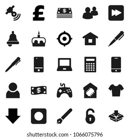 Flat vector icon set - cake vector, pen, bell, calculator, notebook pc, target, arrow down, pound, t shirt, satellitie, gamepad, mobile phone, group, forward button, rec, unlock, user, smart home