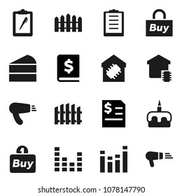 Flat vector icon set - cake vector, annual report, clipboard, equalizer, fence, smart home, buy, hair dryer