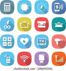 flat vector icon set - calculator vector, chip, lightning, phone pay, infinity power, electrostatic, market scales, pacemaker, tv, hair dryer, mobile, wireless, usb flash, antenna signal