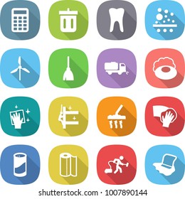 flat vector icon set - calculator vector, bin, tooth, filter, windmill, broom, sweeper, soap, wiping, skyscrapers cleaning, vacuum cleaner, cleanser powder, paper towel, floor washing