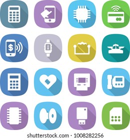 flat vector icon set - calculator vector, touch, chip, tap to pay, phone, smart watch, electrostatic, scales, pacemaker, atm, intercome, coil, usb flash, sim card