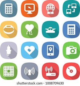 flat vector icon set - calculator vector, monitor arrow, notebook globe, connect, smart bracelet, cardio chip, scales, spark plug, pacemaker, mobile location, camera, cpu, antenna, router, cd