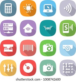 flat vector icon set - calculator vector, chip, notebook, wireless, server, home, drone, mobile pay, market scales, bar code, camera, surveillance, setup, cd, circuit