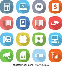 flat vector icon set - calculator vector, notebook, crypto currency, receipt, bar code, mobile location, surveillance, intercome, cpu, computer, camera, sim card, projector, antenna signal