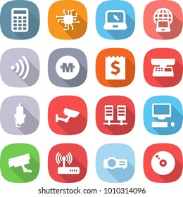 flat vector icon set - calculator vector, chip, notebook, globe, wireless, crypto currency, receipt, market scales, spark plug, surveillance, server, computer, camera, router, projector, cd