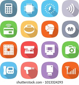 flat vector icon set - calculator vector, chip, lightning, wireless, tap to pay, smart bracelet, virtual mask, crypto currency, cpu, market scales, atm, camera, intercome, hair dryer, usb flash