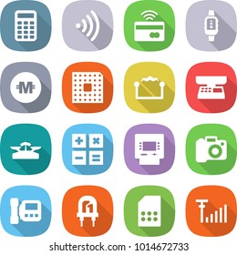 flat vector icon set - calculator vector, wireless, tap to pay, smart watch, crypto currency, cpu, electrostatic, market scales, atm, camera, intercome, led, sim card, antenna signal